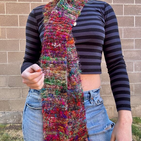 Recycled Silk Colorful Hand-Knit Furry Long Scarf - Picture 2 of 8